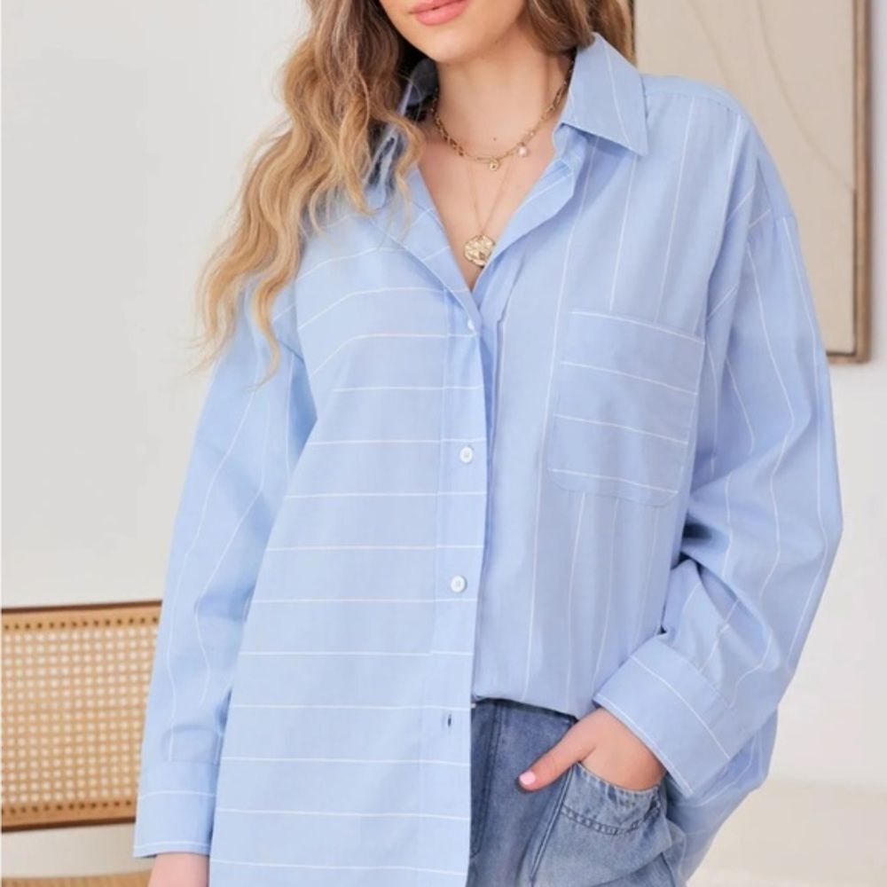 Mustard Seed Oversized Striped Blue and White Cotton Button Down Shirt— NWT